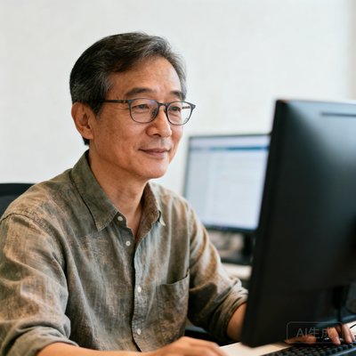 11人足球网创始人陈志远，戴眼镜的中年男性，穿着休闲衬衫在电脑前工作的半身照。