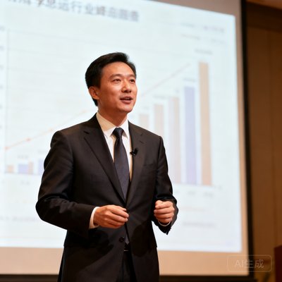商务总监李思远在行业峰会上发表演讲，西装革履，背后是大屏幕投影。